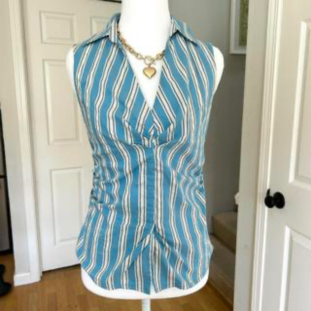 Vintage Express blue white striped sleeveless collared ruched shirt